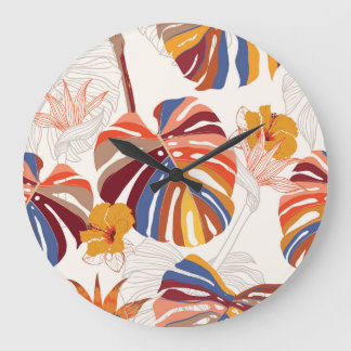Grande Horloge Ronde Main florale tropicale brillante tirée