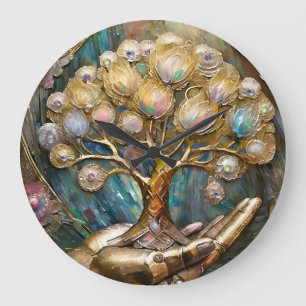 Grande Horloge Ronde Main Robot D'Or Tenant Arbre De Vie D'Or