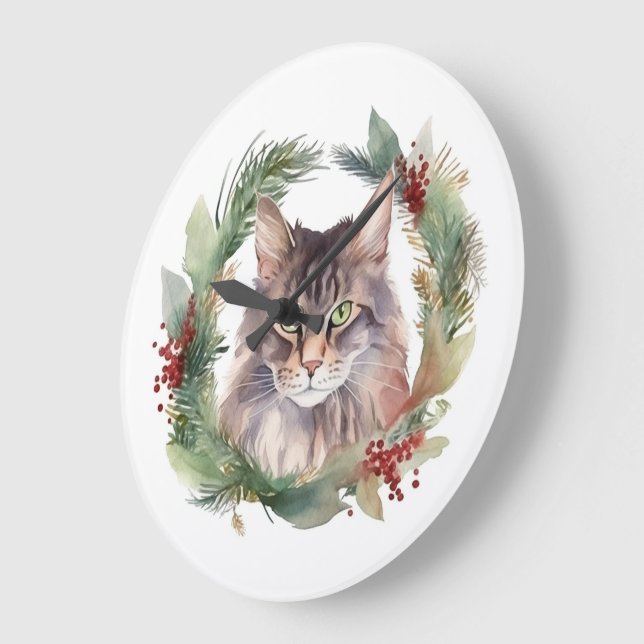 Grande Horloge Ronde Maine Coon Chat Noël Wreath Festive Kitten (Angle)