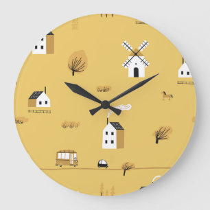 Grande Horloge Ronde Maison colorée, arbres, chevaux paysage
