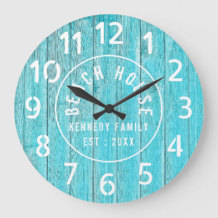 Grande Horloge Ronde Maison de Plage en Bois Turquoise Blanc Grand Nomb