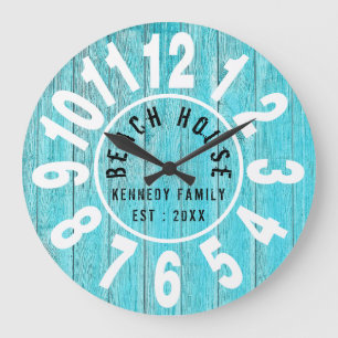 Grande Horloge Ronde Maison de plage en bois turquoise en grand nombre 