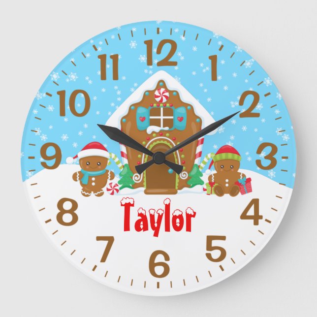 Grande Horloge Ronde Maison en pain d'épices rouge et bleu (Recto)