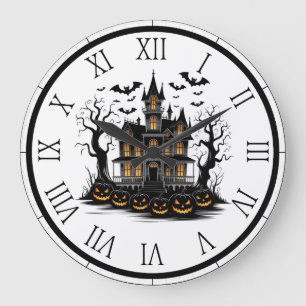 Grande Horloge Ronde Maison hantée avec Citrouilles et chauves-souris H