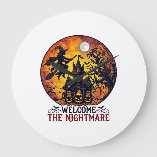 Grande Horloge Ronde Maison Hantée Halloween Bienvenue Cauchemar Volant (Recto)