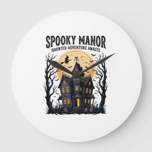Grande Horloge Ronde Maison Hantée Halloween Gravure Vintage Art Spooky