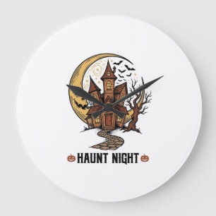 Grande Horloge Ronde Maison Hantée Halloween Gravure Vintage Blanche