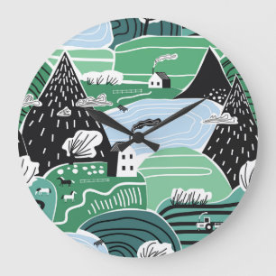 Grande Horloge Ronde Maisons scandinaves, arbres, montagnes illustratio