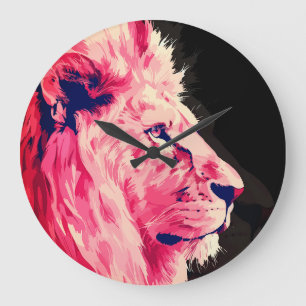 Grande Horloge Ronde Majesté Lion Rose sur Toile Noire