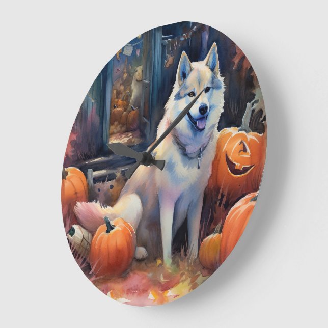 Grande Horloge Ronde Malamute d'Halloween en Alaska avec la peur Citrou (Angle)