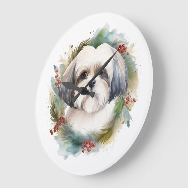 Grande Horloge Ronde Malti Tzu Christmas Wreath Festive Pup (Angle)