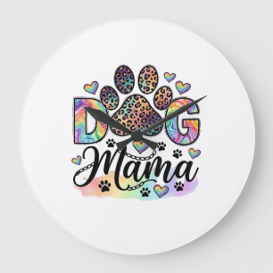 Grande Horloge Ronde Maman Chien Patte Léopard Arc-en-ciel Aquarelle Cœ