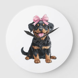 Grande Horloge Ronde Maman Chienne Rottweiler Ruban Coquette Fille Rose