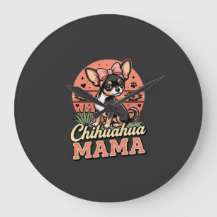 Grande Horloge Ronde Maman Chihuahua mignonne noeud Chien Maman