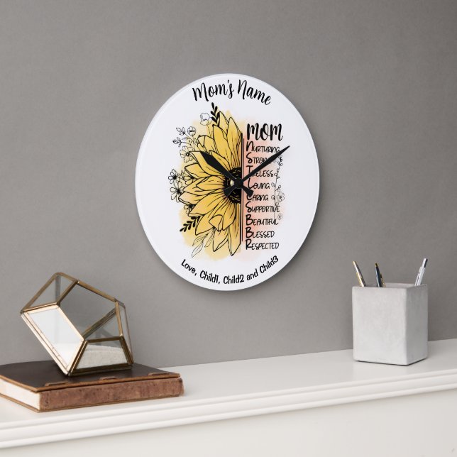 Grande Horloge Ronde Maman Mots Dahlia Fleur Personnalisable Noms Enfan (Bureau)