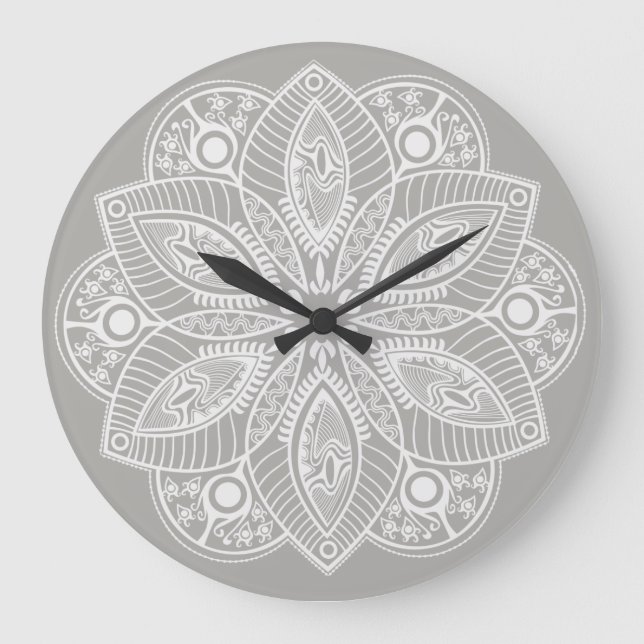 Grande Horloge Ronde Mandala blanc exotique sur Arrière - plan gris (Recto)