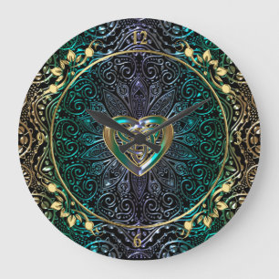 Grande Horloge Ronde Mandala celtique de coeur en vert et or
