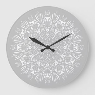 Grande Horloge Ronde Mandala de chouette blanche et gris clair neutre