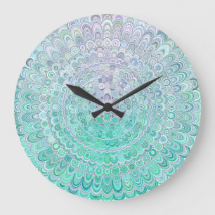 Grande Horloge Ronde Mandala de fleur de glace de turquoise