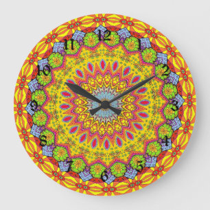 Grande Horloge Ronde Mandala décoratif multicolore