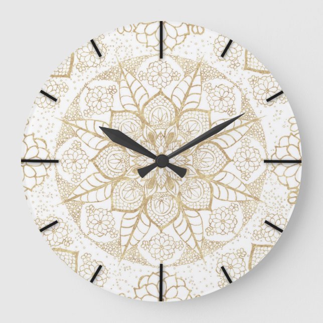 Grande Horloge Ronde Mandala d'or à la main stylisée (Recto)