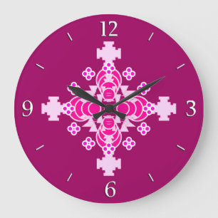 Grande Horloge Ronde Mandala en quatre points - rose pâle et prune