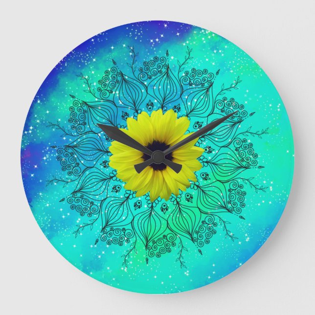Grande Horloge Ronde Mandala et tournesol bleu turquoise étoilé (Recto)