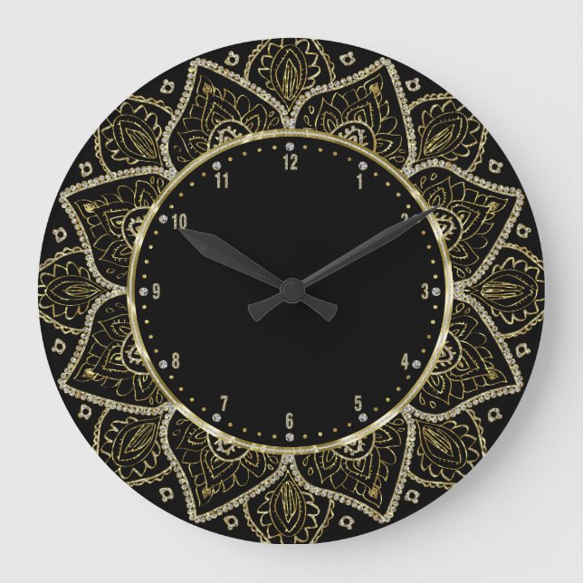 Grande Horloge Ronde Mandala floral d'or sur le noir (Recto)