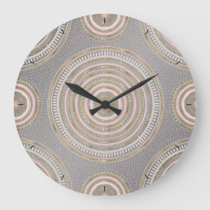 Grande Horloge Ronde Mandala géométrique moderne Gris Or