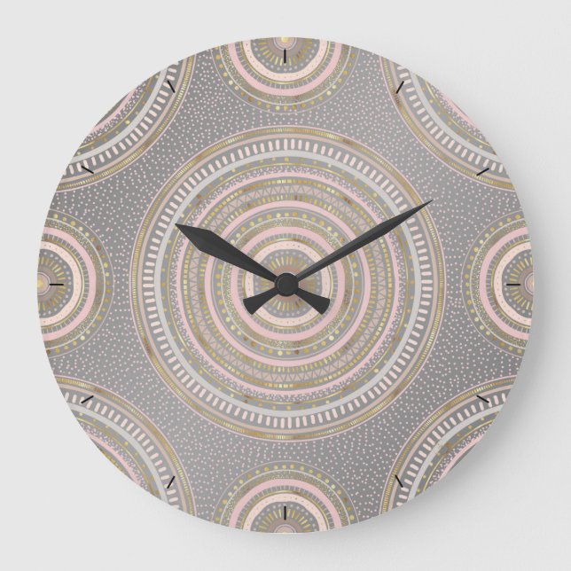 Grande Horloge Ronde Mandala géométrique moderne Gris Or (Recto)