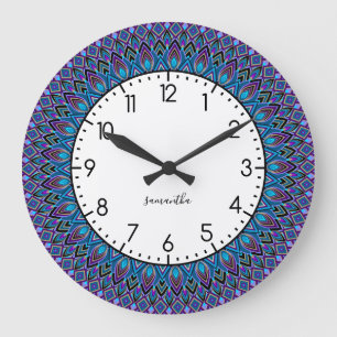 Grande Horloge Ronde Mandala Monogramme bleu Turquoise violet Peacock G