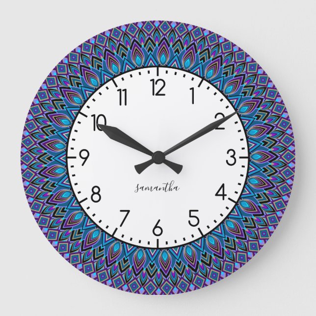 Grande Horloge Ronde Mandala Monogramme bleu Turquoise violet Peacock G (Recto)