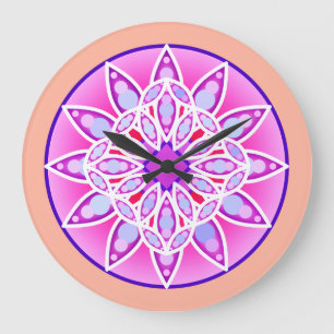 Grande Horloge Ronde Mandala motif en lavande, orchidée et corail