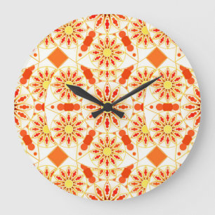 Grande Horloge Ronde Mandala motif, rouge brique, rouille, or