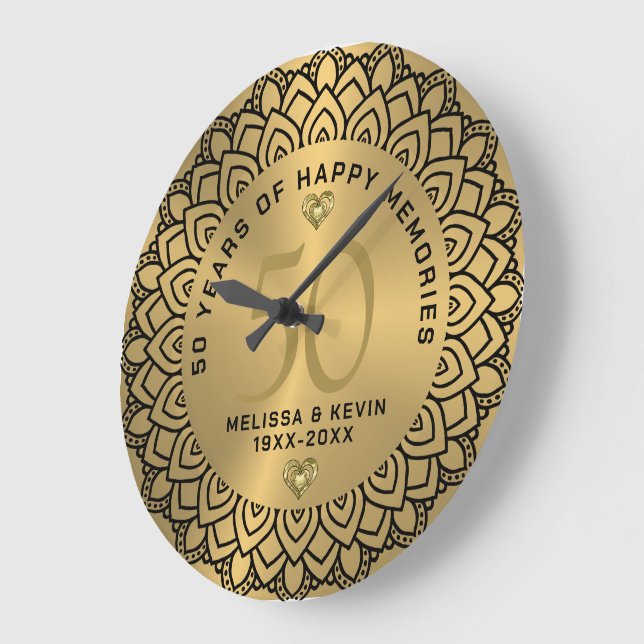 Grande Horloge Ronde Mandala noir sur l'or 50ème anniversaire mariage (Angle)