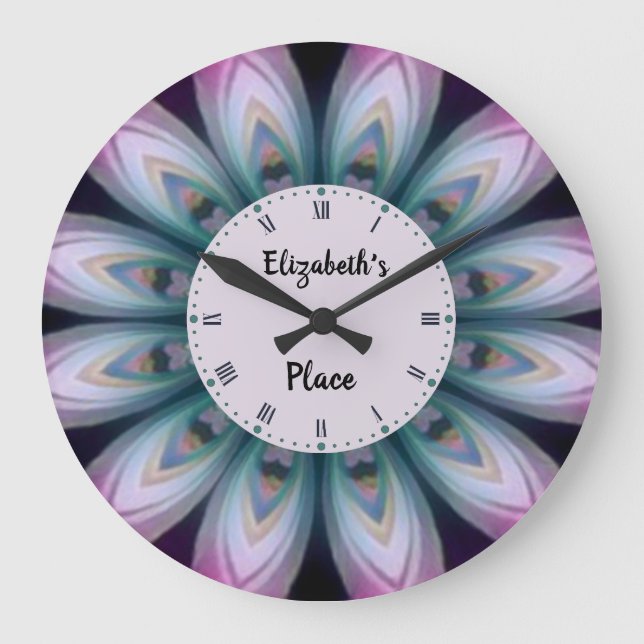 Grande Horloge Ronde Mandala rose & vert Fleur (Recto)