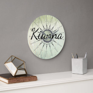 Grande Horloge Ronde Mandala vintage sur verre Minty Personnalisé