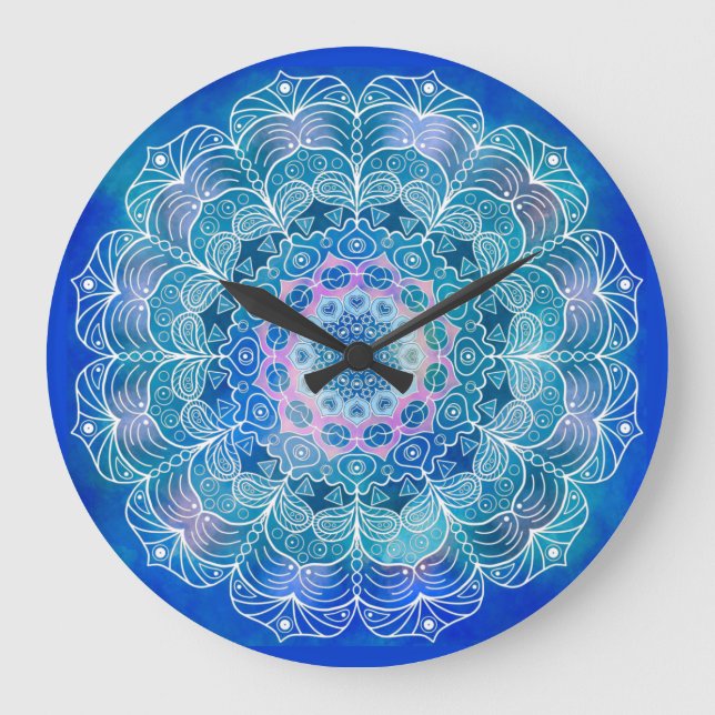 Grande Horloge Ronde Mandala White Outline bleu Aquarelle - (Recto)