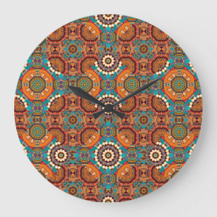 Grande Horloge Ronde Mandalas Kaleidoscope : Brown Blue Orange.