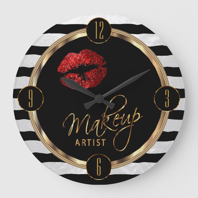 Grande Horloge Ronde Maquillage Artiste Lèvres rouges avec bandes blanc (Recto)