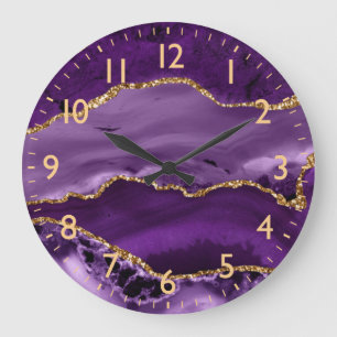 Grande Horloge Ronde Marbre agate pailleté violet et or faux