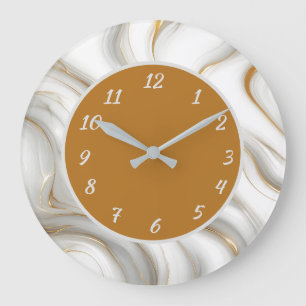 Grande Horloge Ronde Marbre Blanc Élégant & Tourbillon d'Or Abstrait