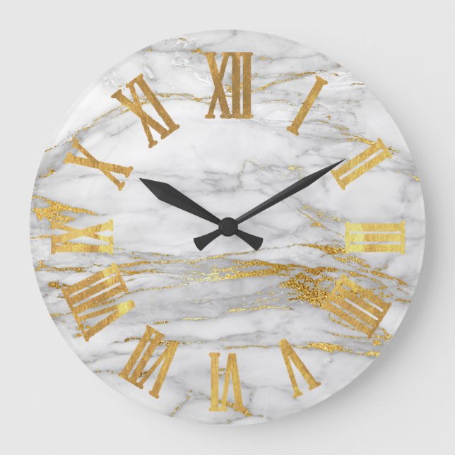 Grande Horloge Ronde Marbre blanc gris or métal chiffres romains (Recto)