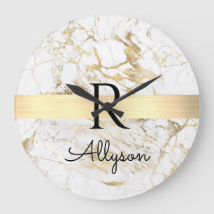 Grande Horloge Ronde Marbre Blanc & Or Barre Dorée, Monogramme Nom Noir