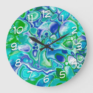 Grande Horloge Ronde Marbre bleu et vert Fluid Art Abstrait 
