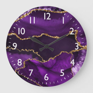 Grande Horloge Ronde Marbre d'agate pailleté de faux or et violet