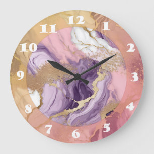 Grande Horloge Ronde Marbre de luxe Paillettes Rose Violet Or