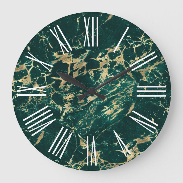 Grande Horloge Ronde Marbre doré vert foncé avec chiffres romains blanc (Recto)