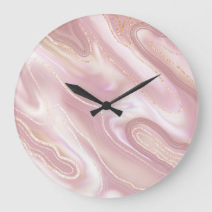 Grande Horloge Ronde Marbre élégant : texture or rose