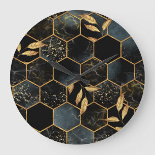 Grande Horloge Ronde Marbre et or élégant : Texture Hexagon Abstraite